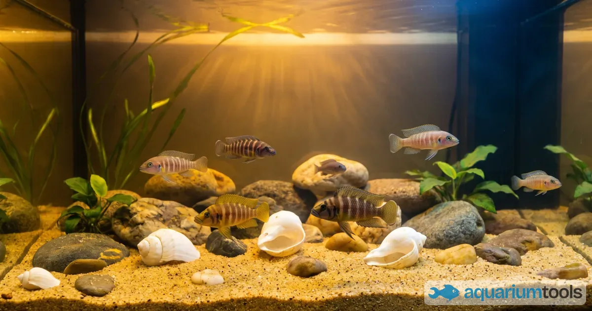 Biotopo del lago Tanganica: sabbia, conchiglie e ciclidi particolari
